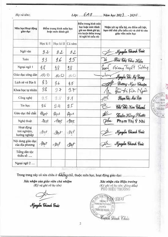 Dịch thuật công chứng học bạ THCS tờ 2