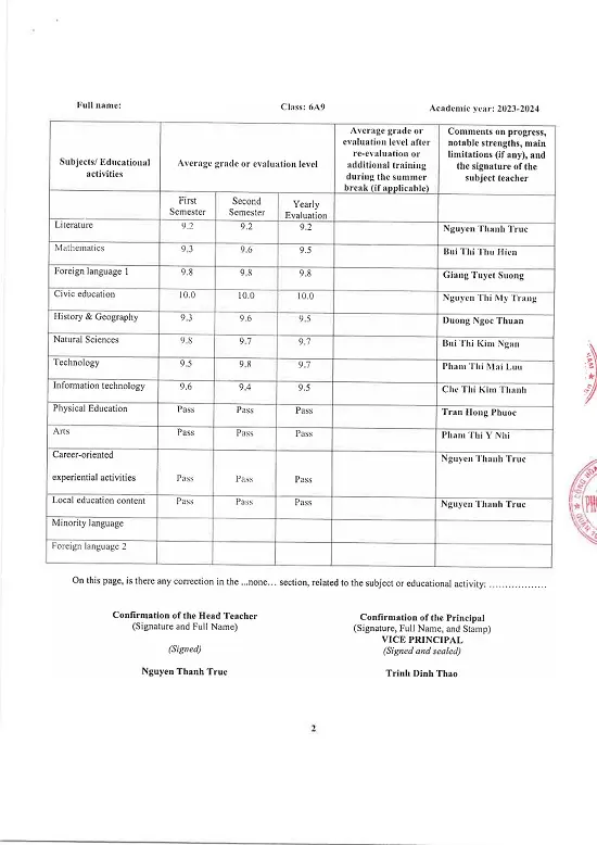 Bản dịch thuật công chứng học bạ THCS tờ 3