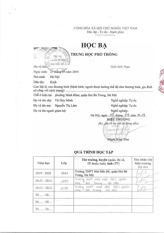 Dịch thuật công chứng học bạ THPT