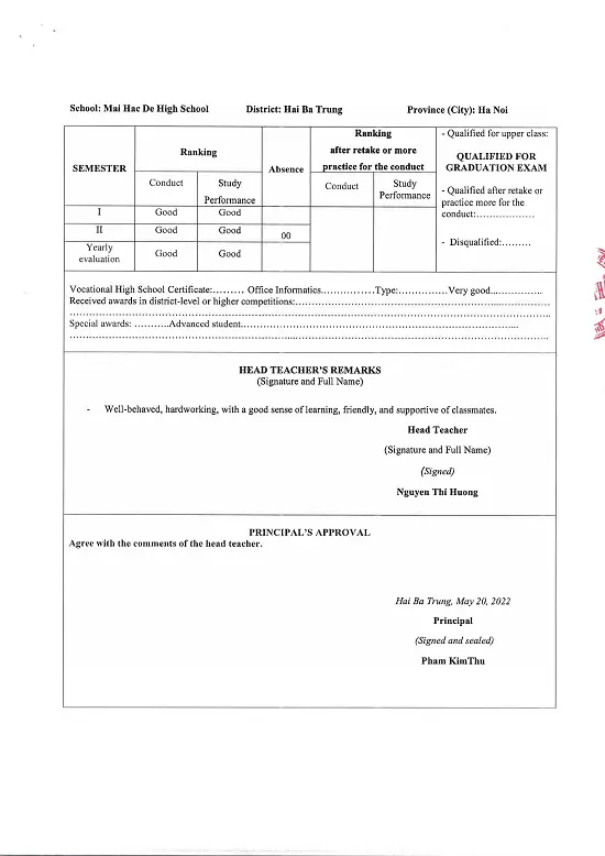 Bản dịch thuật công chứng học bạ THPT tờ 8