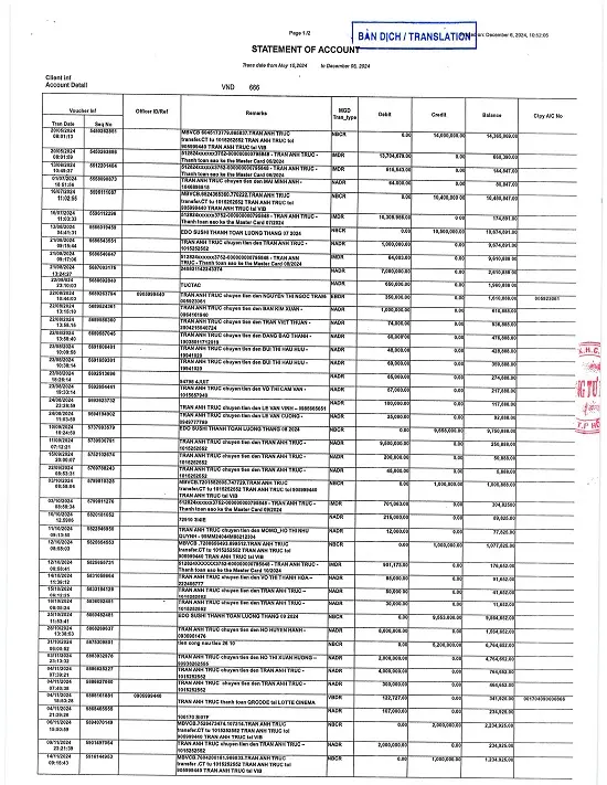 Bản Dịch Thuật Sao Kê Ngân Hàng Tờ 1